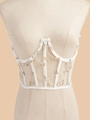 Detail of floral embroidery on mesh corset top with white boning and metal ring - White Floral Embroidery Style (1323)
