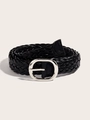 Detail view of black woven belt with silver oval buckle on a clean cream background - Black