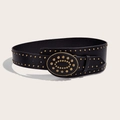 Cintura da donna vintage in pelle PU con borchie dorate e grande fibbia ovale - Nero (Stile 1407 Cintura Larga con Borchie)