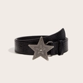 Black embossed leather belt featuring a vintage silver star buckle with sunflower details - Black Stone Pattern (1358)