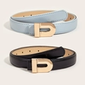 Black and light blue thin leather belts with gold D-shaped buckles for women trousers - Gold D-Ring Buckle / Black (1450)