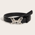 Women's black faux leather belt with a silver hollow butterfly buckle for jeans - Hollow Butterfly Black