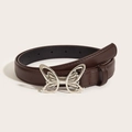 Minimalist brown leather belt for women with elegant silver butterfly metal buckle - Hollow Butterfly Coffee