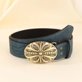 Vintage Ledergürtel in Türkis mit Pferde-Prägung und antiker Bronzeschnalle - Blau (Antik-Bronze-Schnalle)