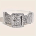 Sparkly silver sequin wide belt with square buckle and white elastic band for women - Silver Sequin Square Buckle
