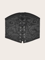 Close-up of vintage black wide corset belt featuring jacquard texture and silver eyelets - Hook-and-Eye Embroidered Floral Corset (1507#)