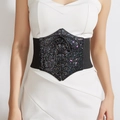 Elastic wide black corset belt with shimmering purple sequins and stylish front lace-up tie - Black