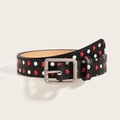 Y2K vintage belt with heart and polka dot print on black faux leather with silver buckle - Black with White Dots and Red Hearts