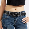 Detail of a black belt with white whipstitch edges and a matching square buckle on jeans - 3.3cm Wide Style (1520) / Black Handwoven White Thread