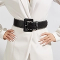 Women's black wide leather belt with white contrast stitching and a large square buckle - 5.5cm Wide Style (1520) / Black Handwoven White Thread