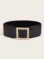 Detail of black corset belt showing faux crocodile texture and sparkling square buckle - Square Buckle Acrylic Diamond Croc Print Black (1530)