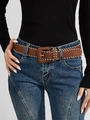 Detail of a dark brown leather belt featuring white whipstitch edges and a square buckle - 3.3cm Wide Style (1520) / Brown Handwoven White Thread