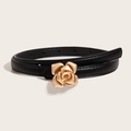 Cintura sottile in pelle nera da donna con elegante fibbia a forma di rosa dorata 3D - Nero