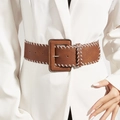 Women's vintage caramel brown leather belt with white contrast stitching and square buckle - 5.5cm Wide Style (1520) / Brown Handwoven White Thread