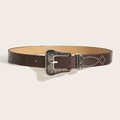 Punk style wide leather belt in dark brown with silver buckles and metal rivet patterns - Deep Coffee Rivet Style (1538)