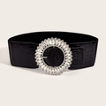 Women black elastic wide belt with crocodile texture and sparkling rhinestone buckle - Black Stone Pattern (1529# Rhinestone Buckle)