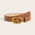 Classic slim brown leather belt with elegant golden oval metal buckle for women - Khaki