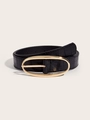 Detailed macro view of black belt with crocodile texture and gold oval buckle - Black Stone Pattern