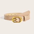 Close-up of a minimalist apricot leather belt with a refined golden oval metal buckle - Apricot