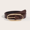 Women's dark brown faux crocodile embossed leather belt with gold oval metal buckle - Coffee Stone Pattern