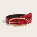 Red crocodile embossed leather belt with oval golden buckle for women's fashion - Red Stone Pattern