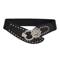 Black elastic wide waist belt with rhinestone metal flower buckle and silver rivets - Flower Rhinestone Hook Buckle (1569) / Black