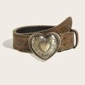 Cinturón de cuero marrón vintage con hebilla de corazón y relieve floral - Hebilla de Corazón de Bronce Marrón (1593)