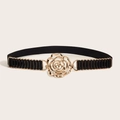 Elastischer Taillengürtel für Damen mit großer goldener Hohlrosenschnalle und schwarzem Band - Gold (Stil F)