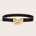 Detailansicht eines schwarzen elastischen Taillengürtels mit großer goldener Bogenschnalle - Gold (Stil H)
