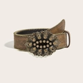 Vintage brauner Ledergürtel mit Blumenprägung und Kristall-Blumenschnalle im Retro-Stil - Antikbronze Blumenstrass - Braun (Bronzeperlenrand)