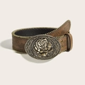 Vintage western brown leather belt with floral embossing and large rose metal buckle - Bronze Rose Buckle Brown Embossed Leather (1594)