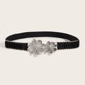 Elastischer schwarzer Taillengürtel für Damen mit eleganter silberner Blumenschnalle - Silber (Stil C)