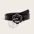 Fashionable black crocodile pattern leather belt with vintage silver flower buckle for women - Black