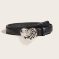 Women's vintage black leather belt featuring a filigree silver heart buckle on white background - Black (1603# Heart Snap 2.3 Bone Strap)