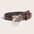 Close-up of a brown leather belt featuring a silver heart-shaped buckle on white background - Coffee (1603# Heart Snap 2.3 Bone Strap)