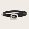 Classic black skinny leather belt for women with a polished silver square metal buckle - Black