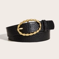 Women's black crocodile pattern leather belt with vintage golden oval buckle detail - Gold Buckle Crocodile Pattern (1600) / Black
