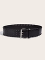 Close-up of black wide leather belt with woven edges and silver double-prong metal buckle - Black with Black Braided Cord (Double Prong Buckle)