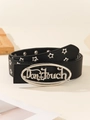 Détail d'une ceinture punk noire avec boucle strass Don't Touch et clous en étoile - Noir