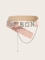 Pink crocodile-pattern belt featuring a silver butterfly rhinestone buckle and metal chain - Rhinestone Butterfly Letter Style (Pink) (1630)