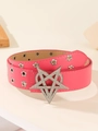 Close-up of pink punk rock belt with sparkling rhinestone star buckle and metal rivets - Star Rhinestone Rose Red Style (1620)