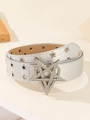 Close-up of a punk style silver PU belt with sparkling rhinestone star buckle and star eyelets - Star Rhinestone Silver Style (1620)