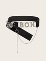 Detail of black faux leather belt with crocodile pattern, butterfly buckle and BON rhinestones - Rhinestone Butterfly Letter Style (Black) (1630)