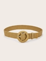 Close-up of woven straw belt with a large round buckle in bohemian khaki finish - Round Buckle Khaki