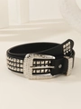 Detail of black leather punk belt with square studs and rhinestone encrusted buckle - Rhinestone Buckle With Square Studs (1654)