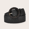 Ceinture tressée noire bohème avec boucle ronde perlée vintage pour robes de femmes - Noir