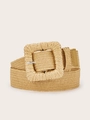 Detail of woven straw belt texture with oversized square buckle in bohemian beige - Square Buckle Rice Yellow