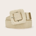 Detail of woven straw belt with rectangular fabric buckle and brown leather end decoration - Square Buckle White