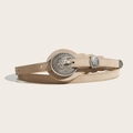 Macro view of beige suede waist belt featuring vintage silver floral engraved buckle - Apricot Suede (1.3 Engraved Buckle)