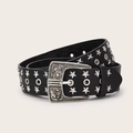 Black leather western punk belt with silver star studs and vintage engraved buckle - Black Locomotive Pin Buckle (Double Stars And Grommets)